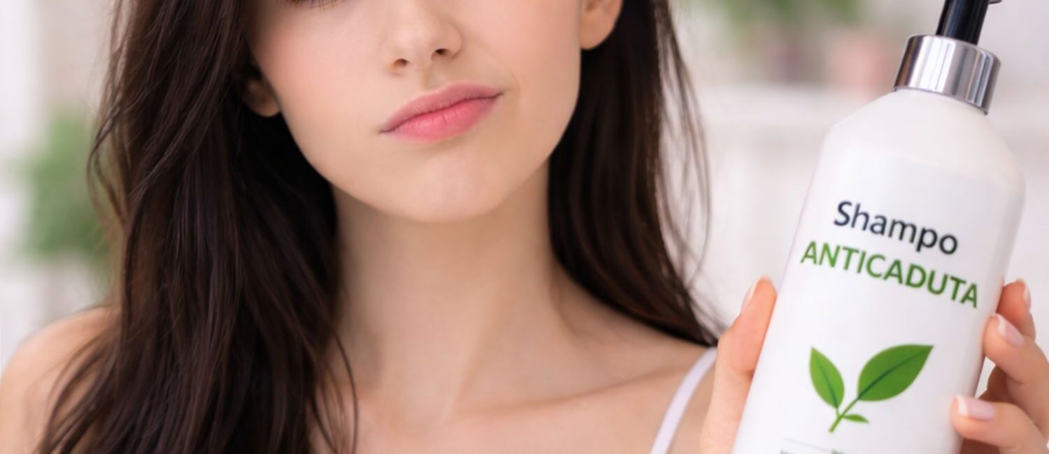 ragazza perplessa con in mano uno shampoo anti caduta dei capelli