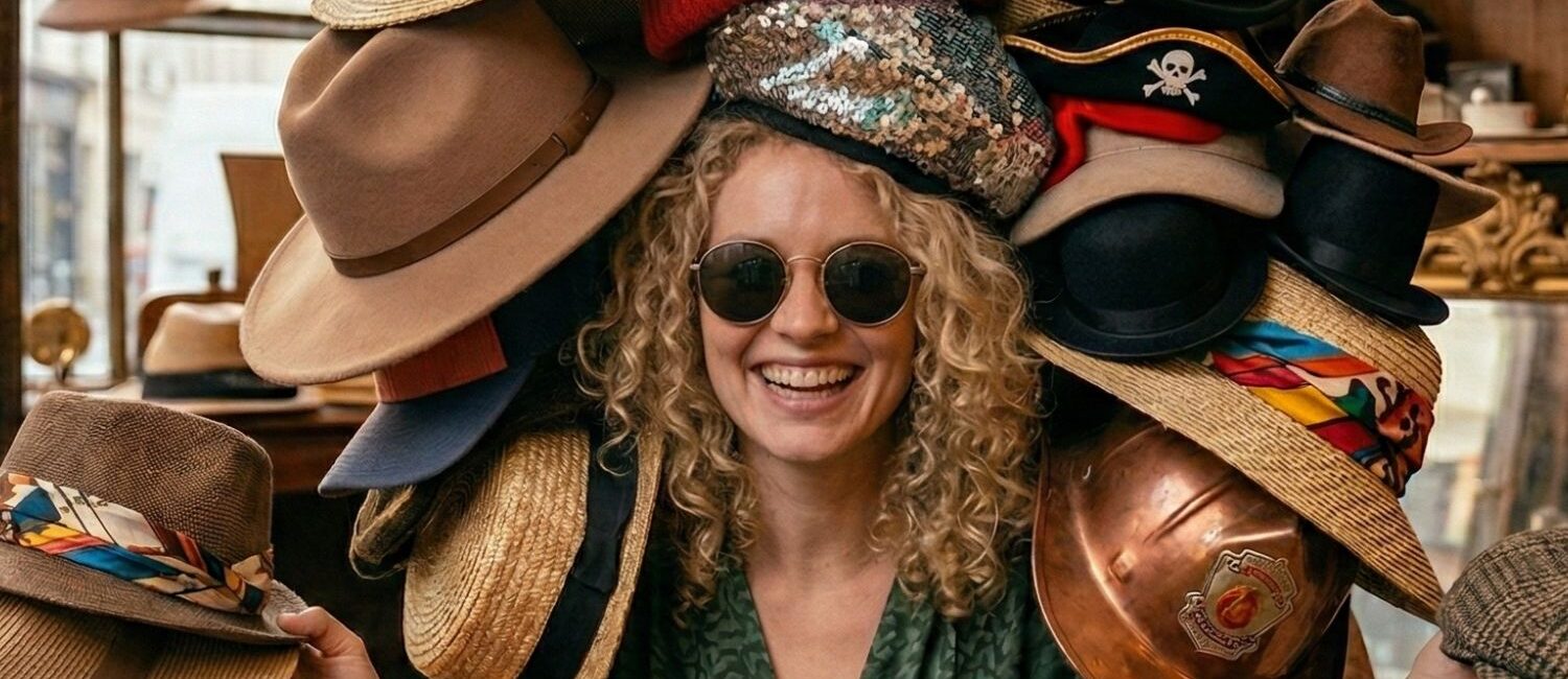 donna circondata da cappelli