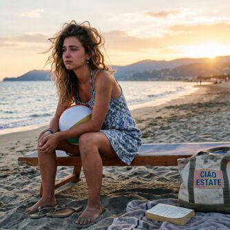 ragazza con capelli arruffati triste sul lettino in spiaggia